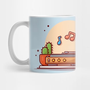 Old Music Player with Gramophone, Headphone, Cactus, Books, and Vinyl Cartoon Vector Icon Illustration Mug